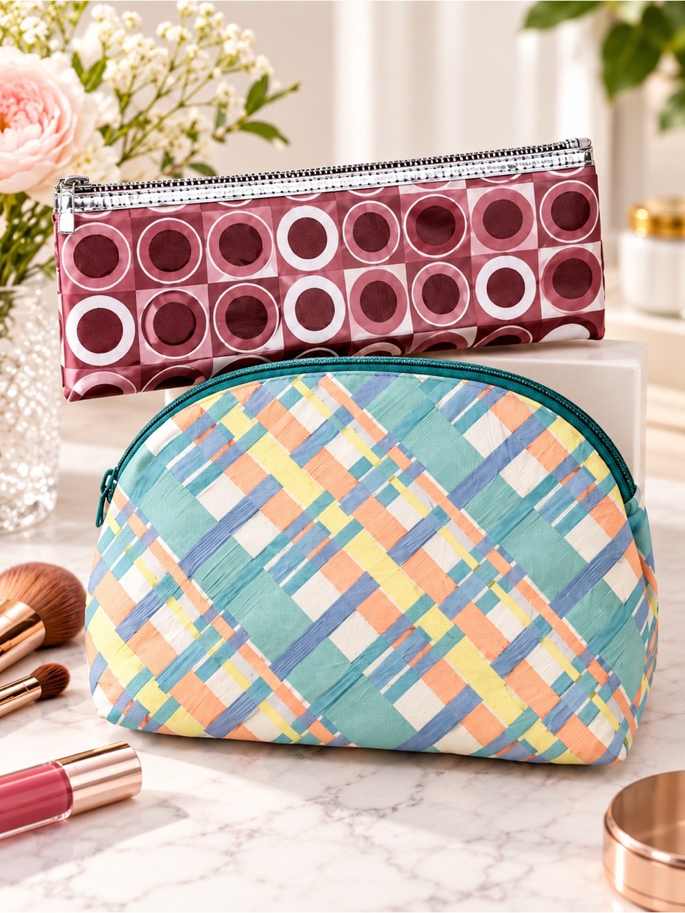 2pc Travel Cosmetic Makeup Bag Pouch Set Pastel Geometric